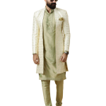 Alluring Cream Geometrical Thread Embroidered Open Sherwani with Lime Green Kurta-Pajama Set | Father Son Combo | Jaipurio Collection